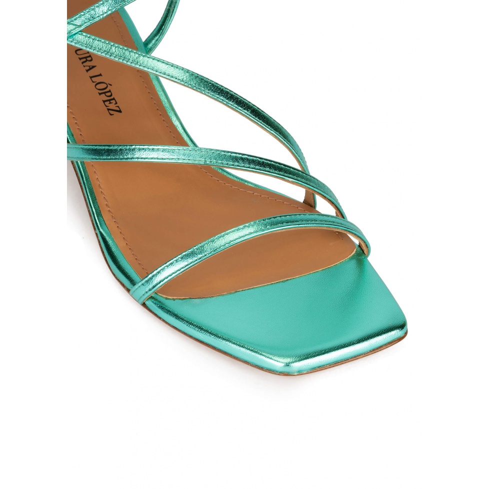 Strappy mid heel sandals in aquamarine metallic leather