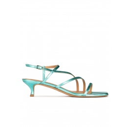 Strappy mid heel sandals in aquamarine metallic leather Pura López