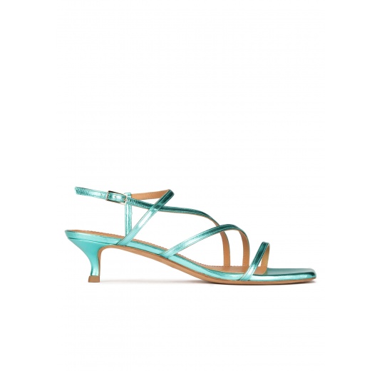 Strappy mid heel sandals in aquamarine metallic leather Pura López