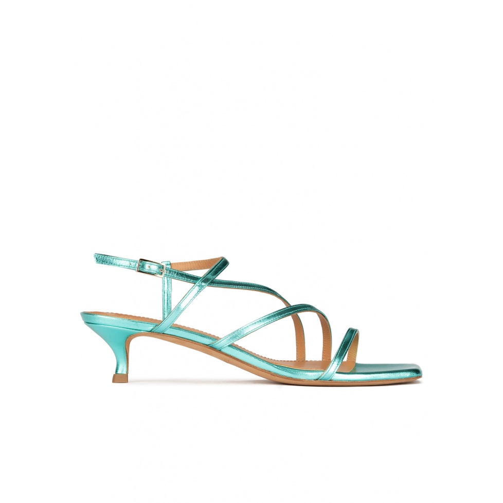 Strappy mid heel sandals in aquamarine metallic leather