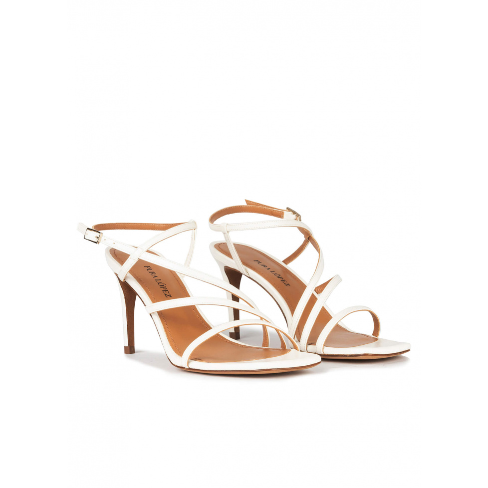 Off-white leather strappy mid heel sandals