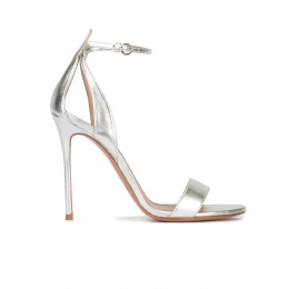 Ankle strap high heel sandals in silver metallic leather Pura López