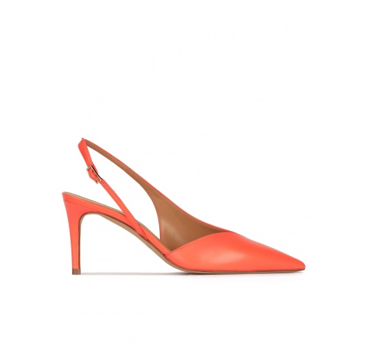 Asymmetric slingback pumps in coral leather Pura López