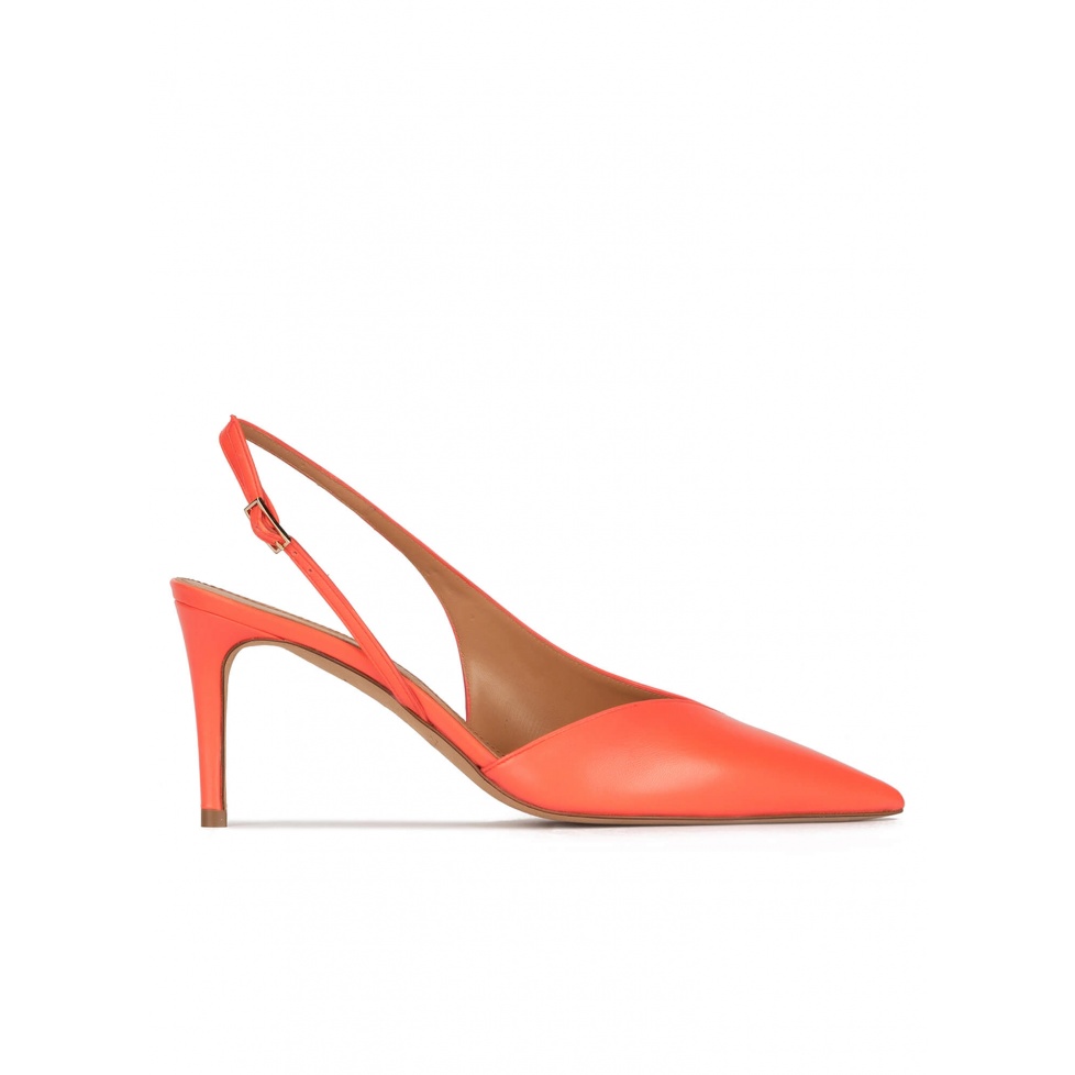 Asymmetric slingback pumps in coral leather