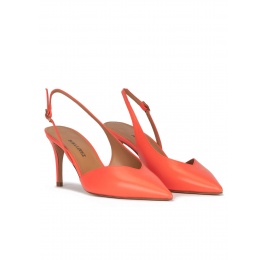 Asymmetric slingback pumps in coral leather Pura López