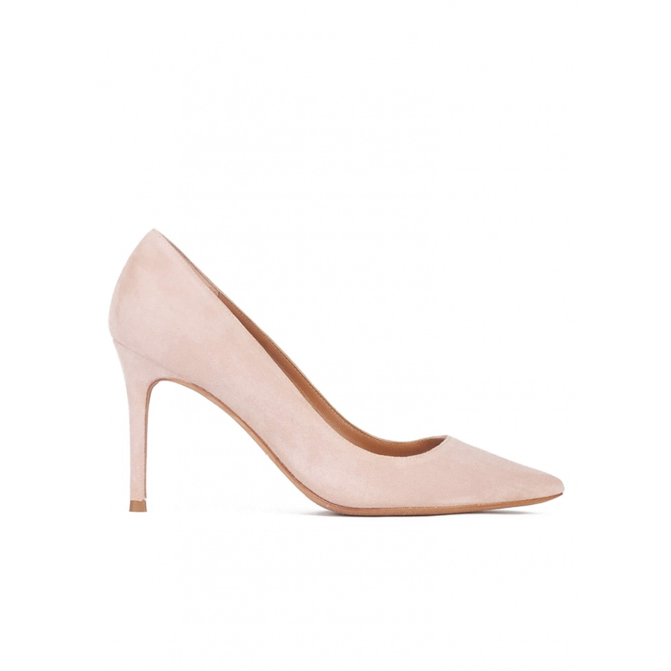 Nude suede high heel pointy toe pumps