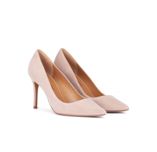 Nude suede high heel pointy toe pumps Pura López