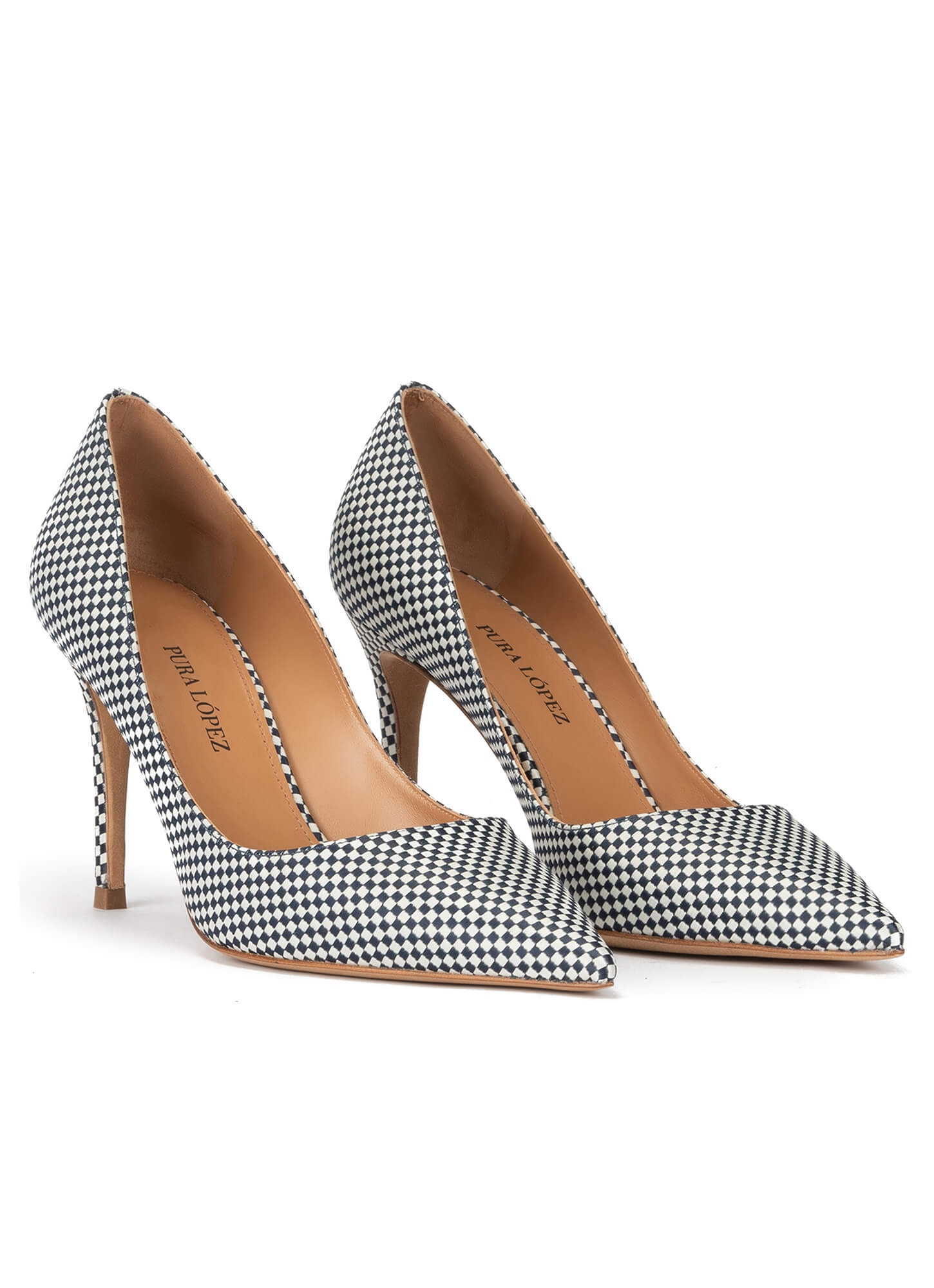 Cataract Susteen Anvendelse Point-toe high heel pumps in white-blue checked fabric . PURA LOPEZ