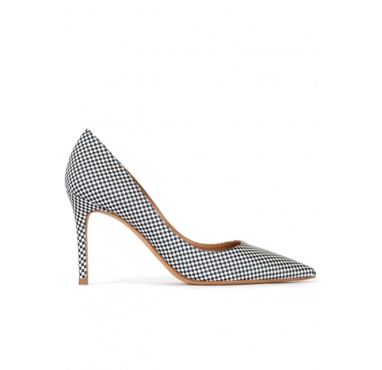 Point-toe high heel pumps in white-blue checked fabric Pura López