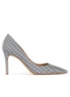 Point-toe high heel pumps in white-blue checked fabric