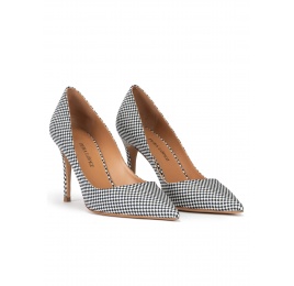 Point-toe high heel pumps in white-blue checked fabric Pura López