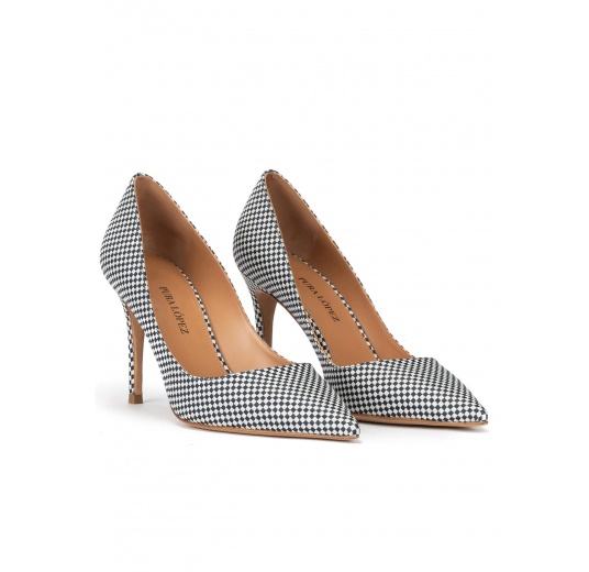 Point-toe high heel pumps in white-blue checked fabric Pura López