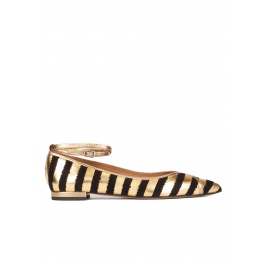 Striped ankle strap point-toe flats in black and gold Pura López