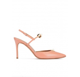 Flower detailed high heel slingback pumps in old rose leather Pura López