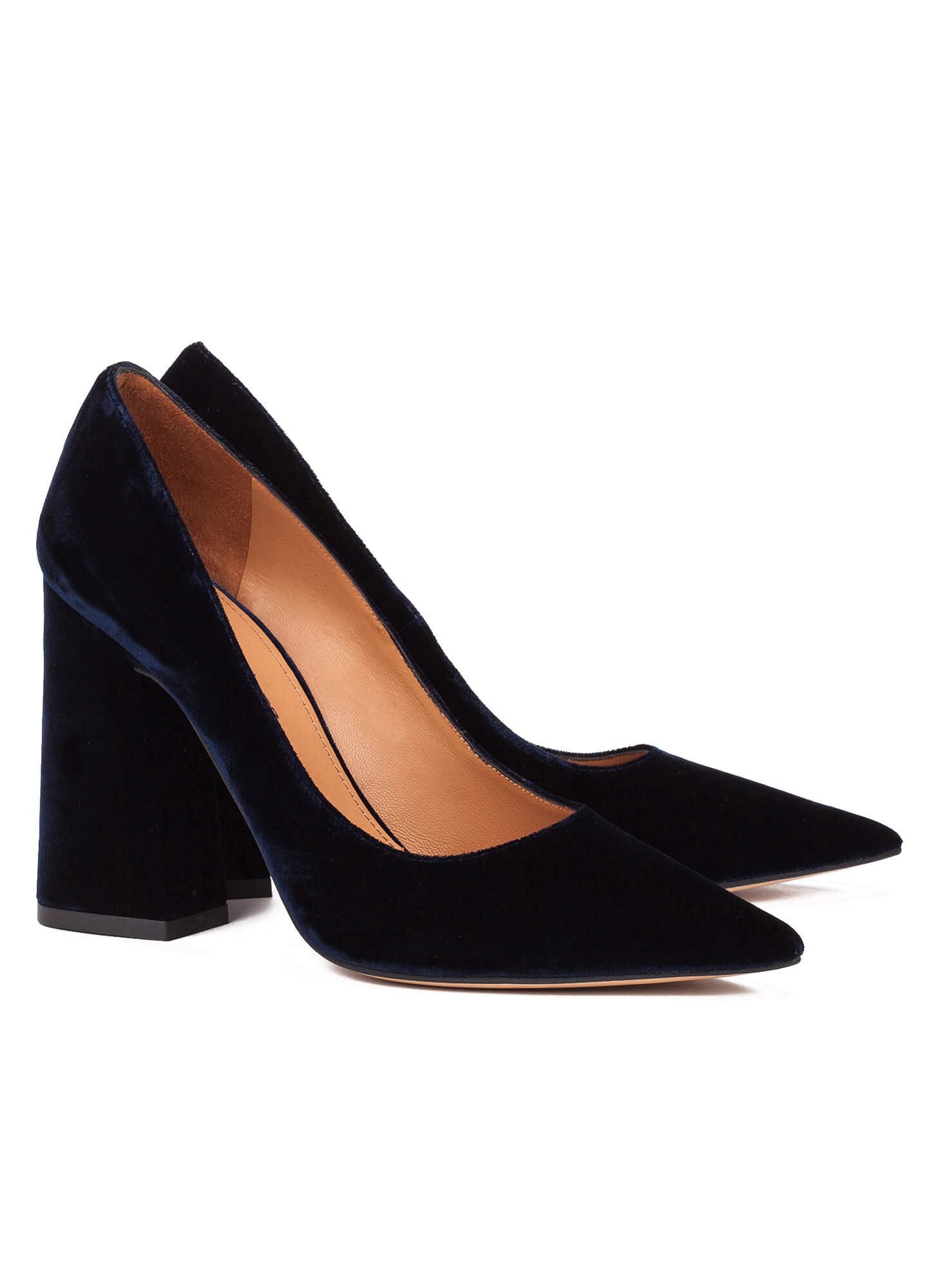 High block heel pumps in blue velvet - online shoe store Pura Lopez ...