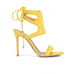 Lace-up heeled sandals in yellow suede Pura López