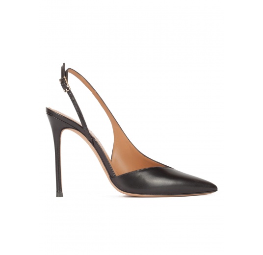 Black leather asymmetric heeled slingback pumps Pura López