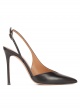 Black leather asymmetric heeled slingback pumps