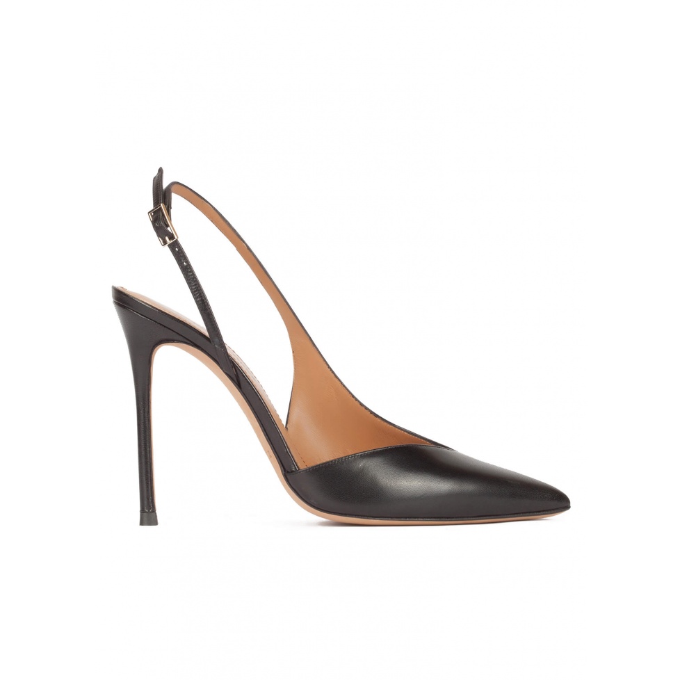 Black leather asymmetric heeled slingback pumps