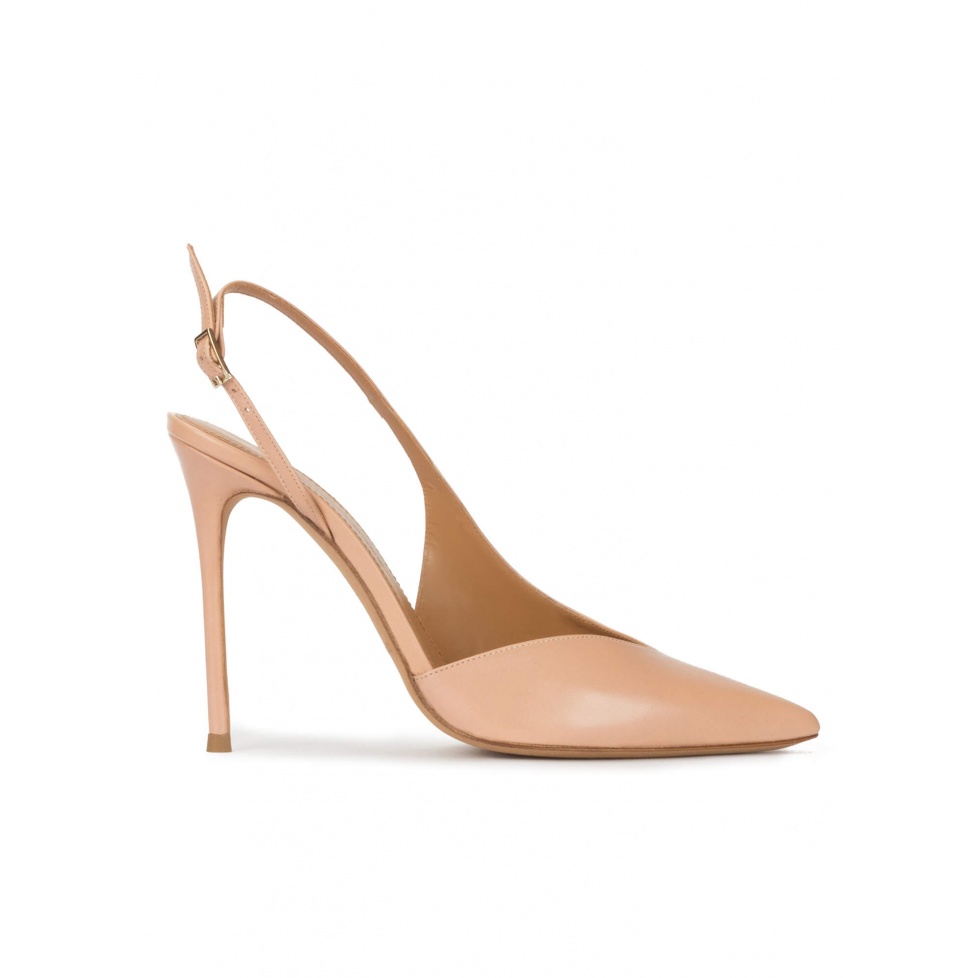 Nude leather asymmetric heeled slingback pumps