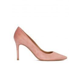 Zapatos de tacón alto y punta fina en ante rosa antik Pura López