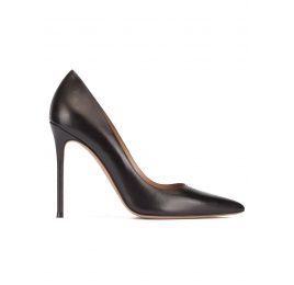 Black leather thin stiletto heel pumps with sleek pointed toe Pura López