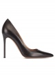 Black leather thin stiletto heel pumps with sleek pointed toe