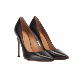 Black leather thin stiletto heel pumps with sleek pointed toe Pura López