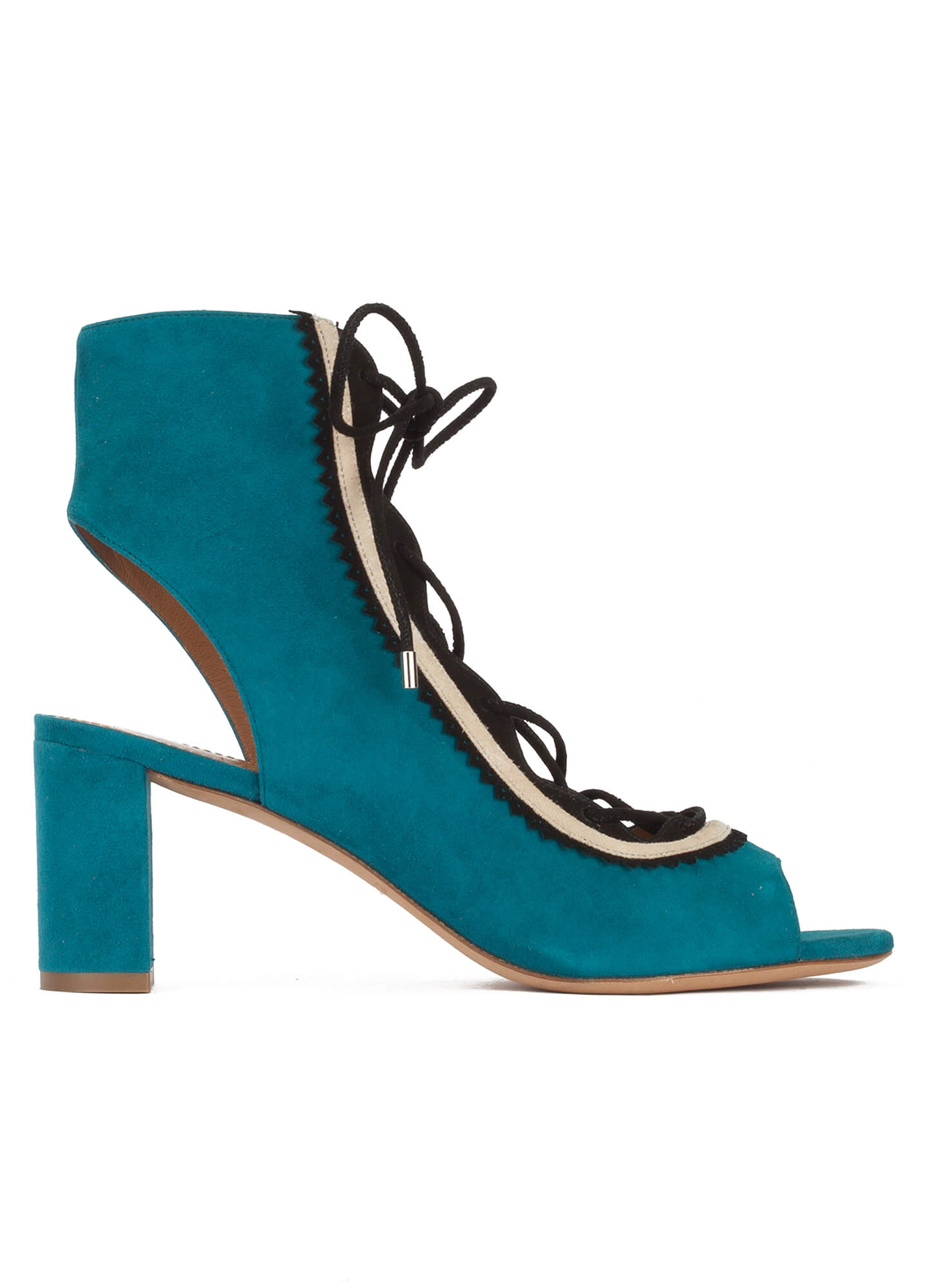 lace-up mid block heel sandals in petrol blue suede