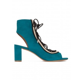 Lace-up mid block heel sandals in petrol blue suede Pura López