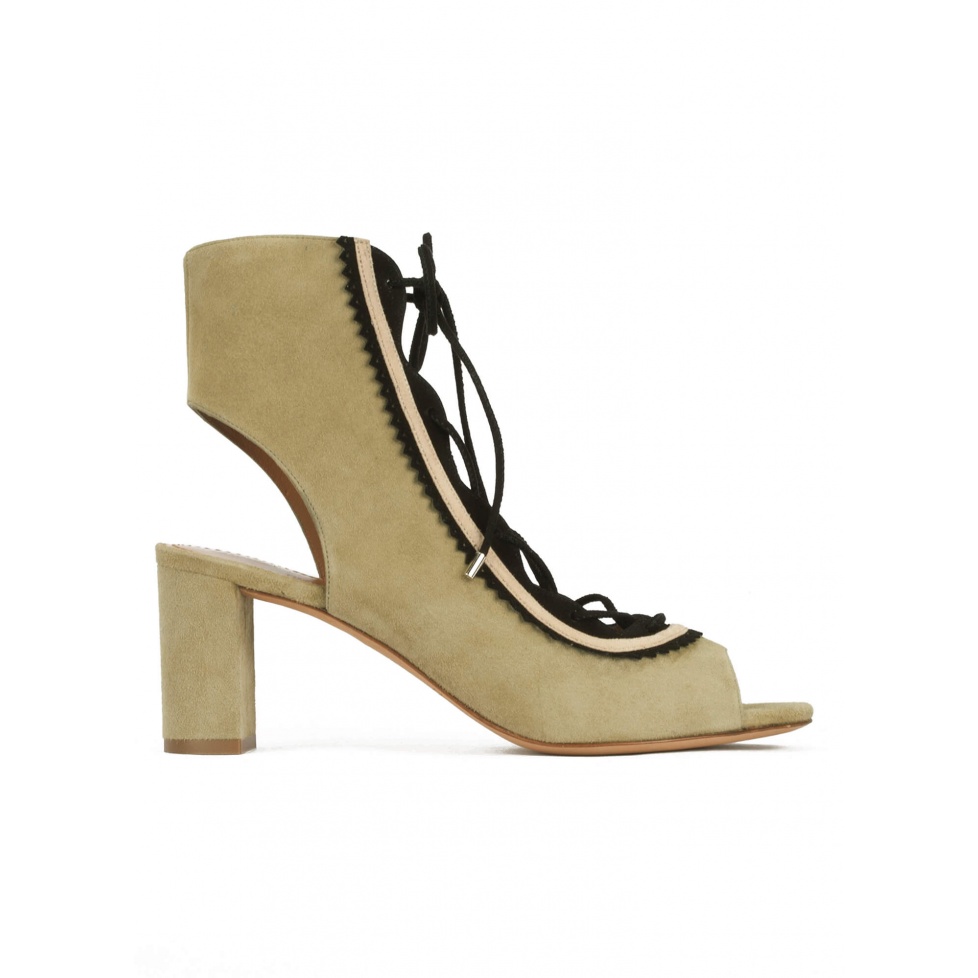 Lace-up mid block heel sandals in khaki and black suede