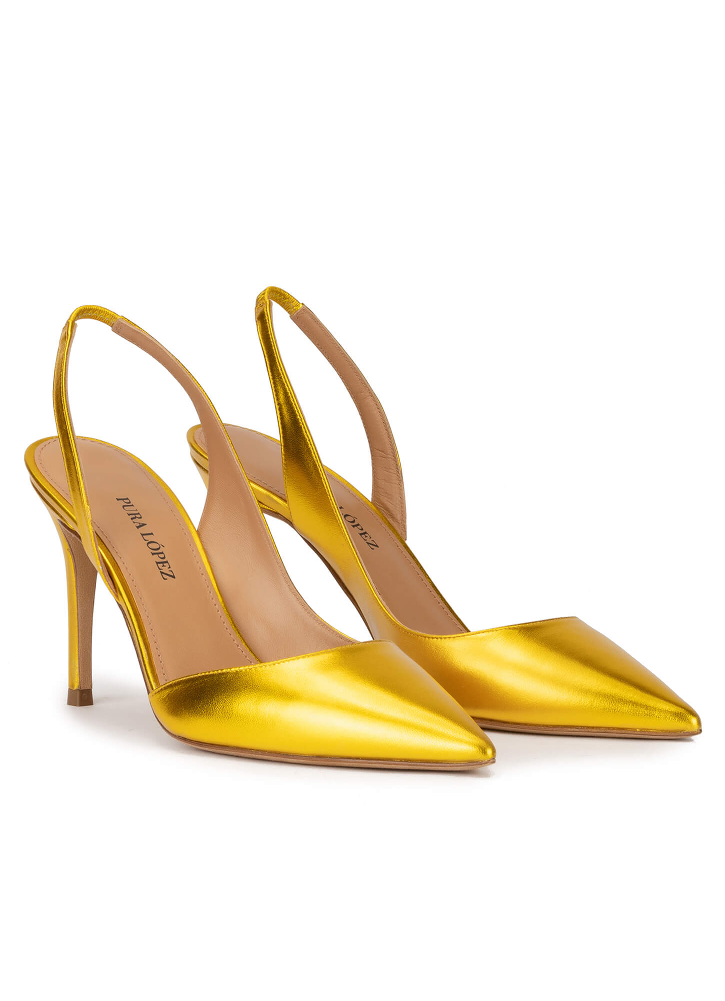 Zapatos amarillos de tacón alto y punta fina en piel metal . PURA