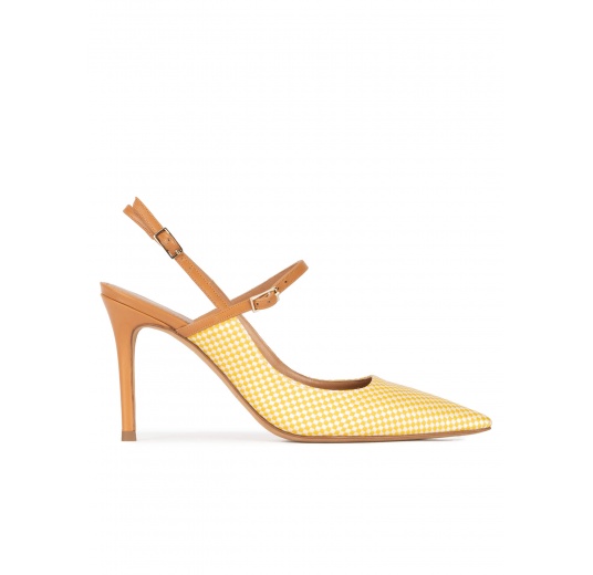 Yellow slingback high heel pumps in checked fabric Pura López