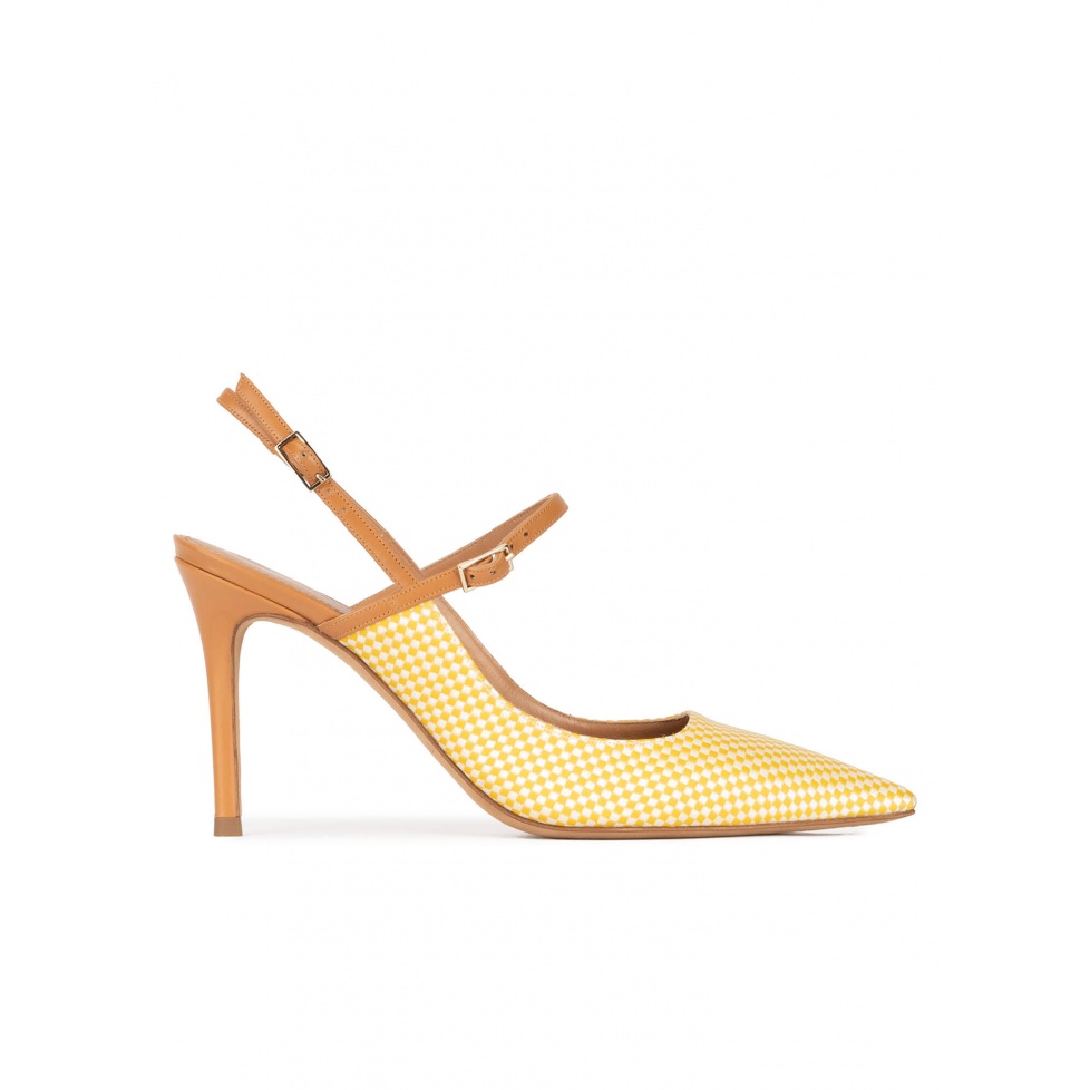 Yellow slingback high heel pumps in checked fabric