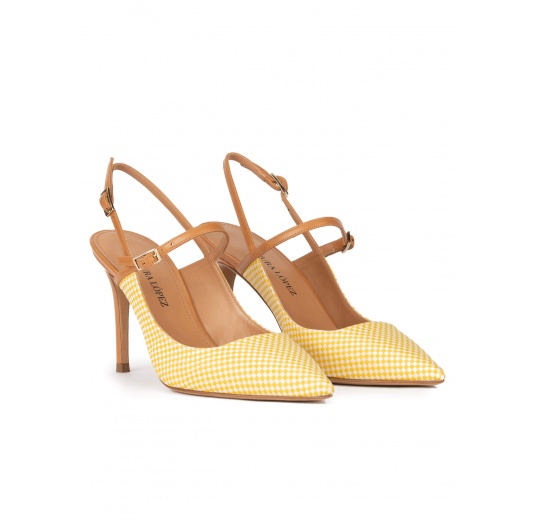 Yellow slingback high heel pumps in checked fabric Pura López