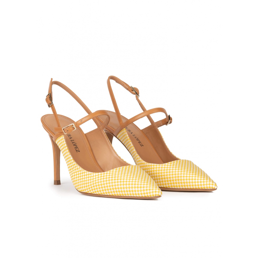 Yellow slingback high heel pumps in checked fabric