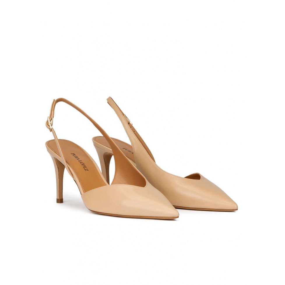 Mid heel slingback pumps in beige leather