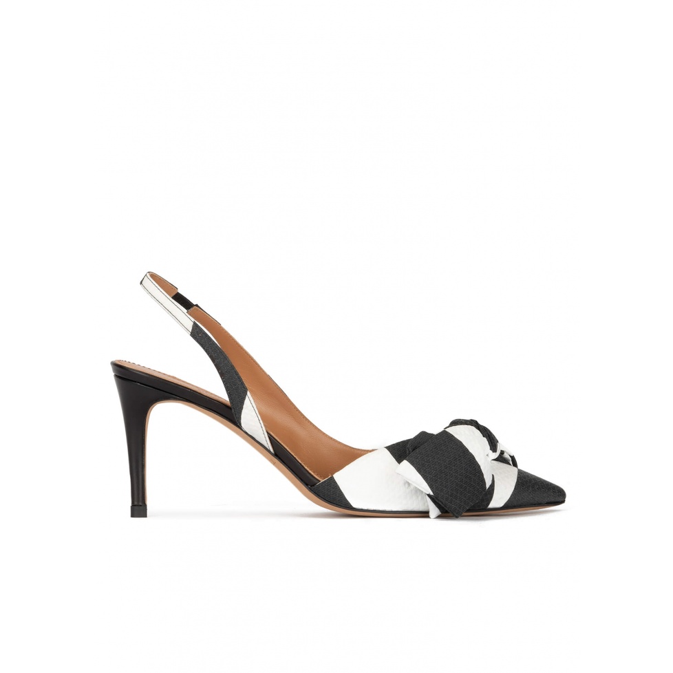 Bow detailed slingback pumps in black and white fabric