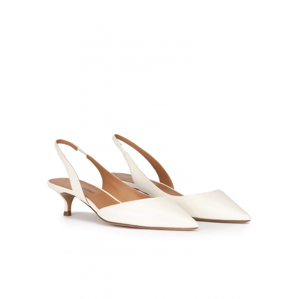 Slingback kitten heel pumps in off-white leather