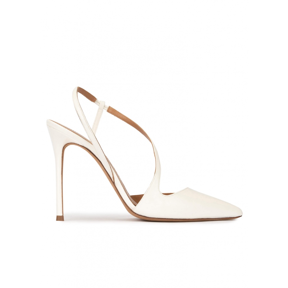High heel pointed toe slingback pumps in off-white leather