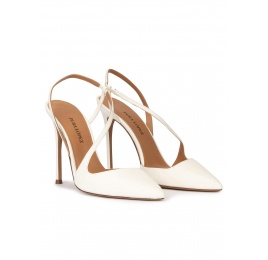 High heel pointed toe slingback pumps in off-white leather Pura López