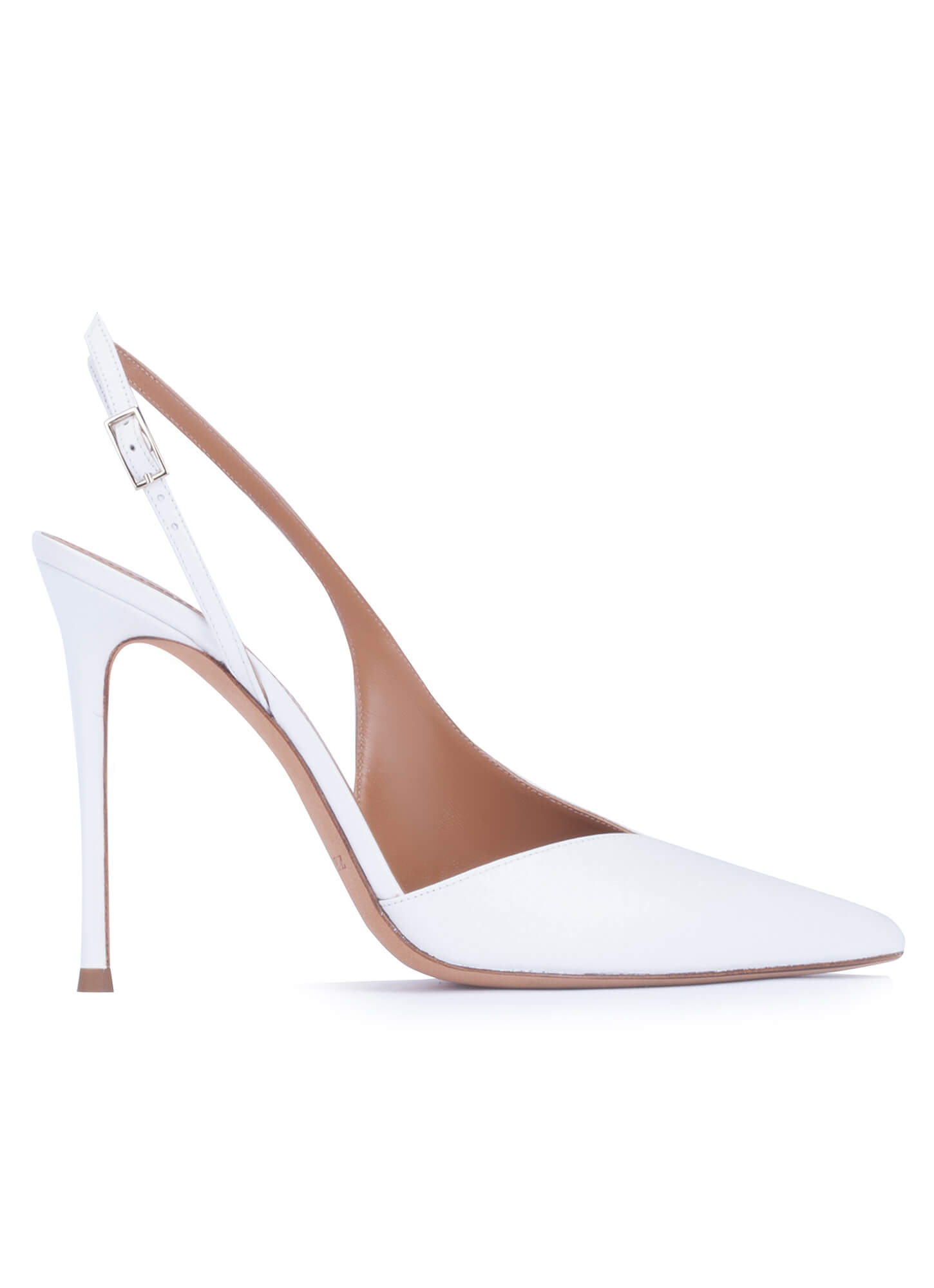 Asymmetric heeled slingback pumps in white calf leather . PURA LOPEZ