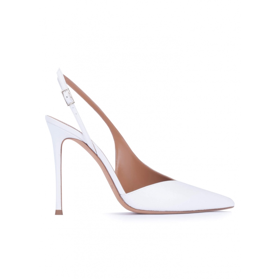 Asymmetric heeled slingback pumps in white calf leather