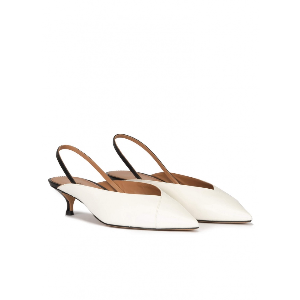 Off-white kitten heel slingback pumps in leather