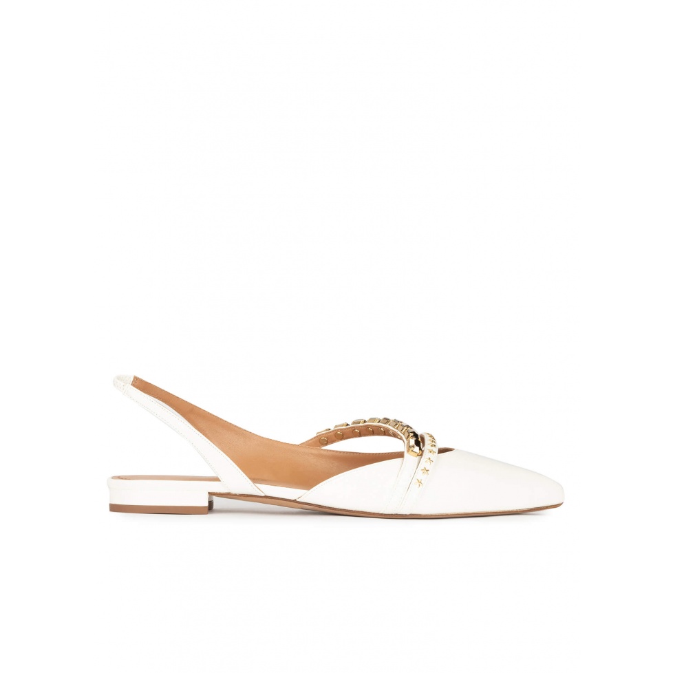 Slingback point-toe flats in off-white leather