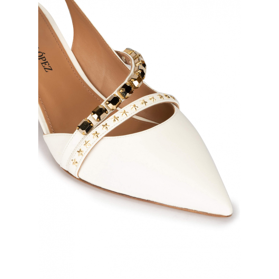 Slingback mid heel point-toe pumps in off-white leather