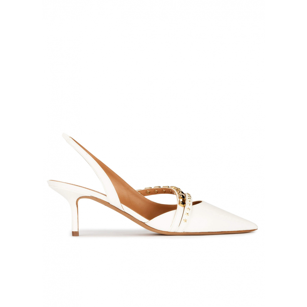 Slingback mid heel point-toe pumps in off-white leather