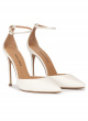 Ankle strap heeled pumps in off-white leather