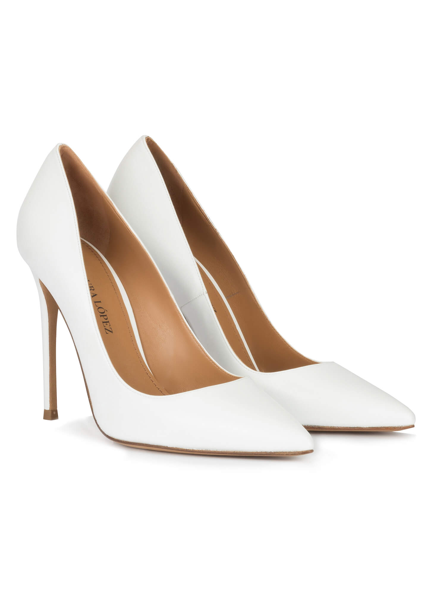 White leather high heel pointy toe pumps . PURA LOPEZ
