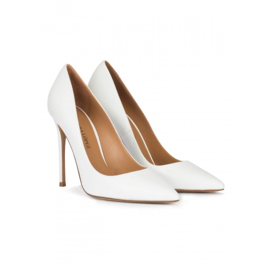 White leather high heel pointy toe pumps Pura López